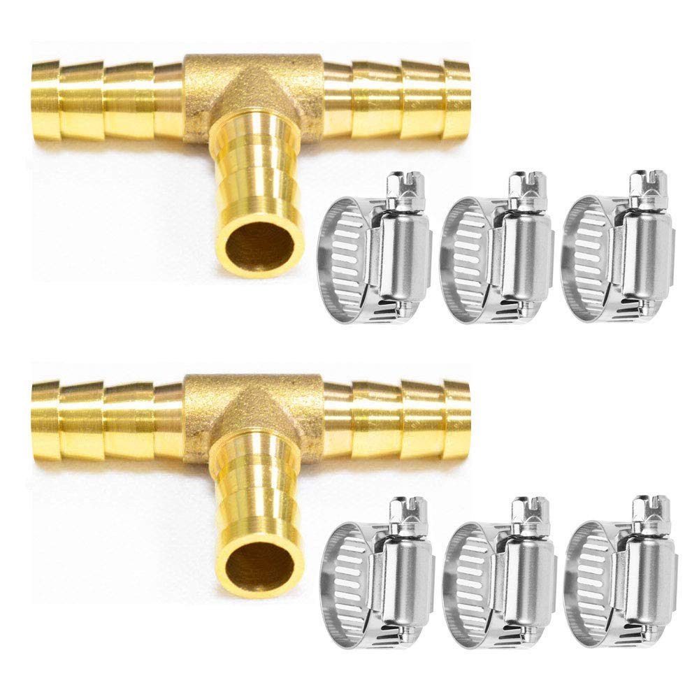 2 pieces 3/8" (10mm) brass tee barb fittings for 3/8" ID hose, 6 pieces stainless steel pipe clamps, 3-way fitting crossover for water/fuel/air