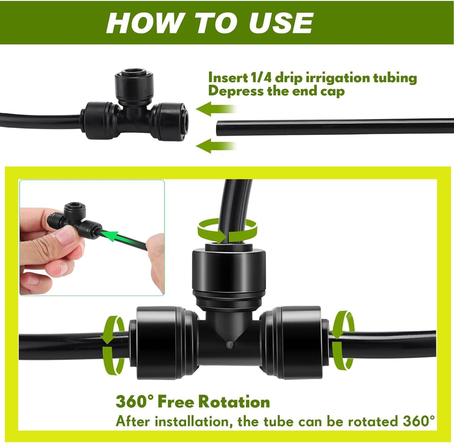 15 Pack Quick Connect 1/4" Drip Irrigation Tee Connectors, New Tee Fittings 1/4" (6.35mm) Irrigation Tube, Leak-Proof Connectors for Sprinkler or Drip Irrigation System (Black)