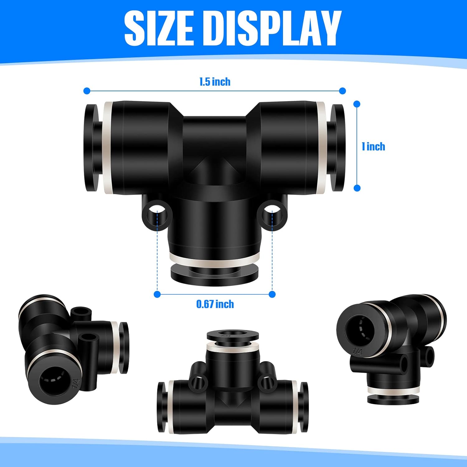 20pcs Push-In Tee Fittings Bulk Plastic Pneumatic Quick Push Fittings 3 Way Tee Tube Connectors Air Pipe Fittings (1/4 Inch)
