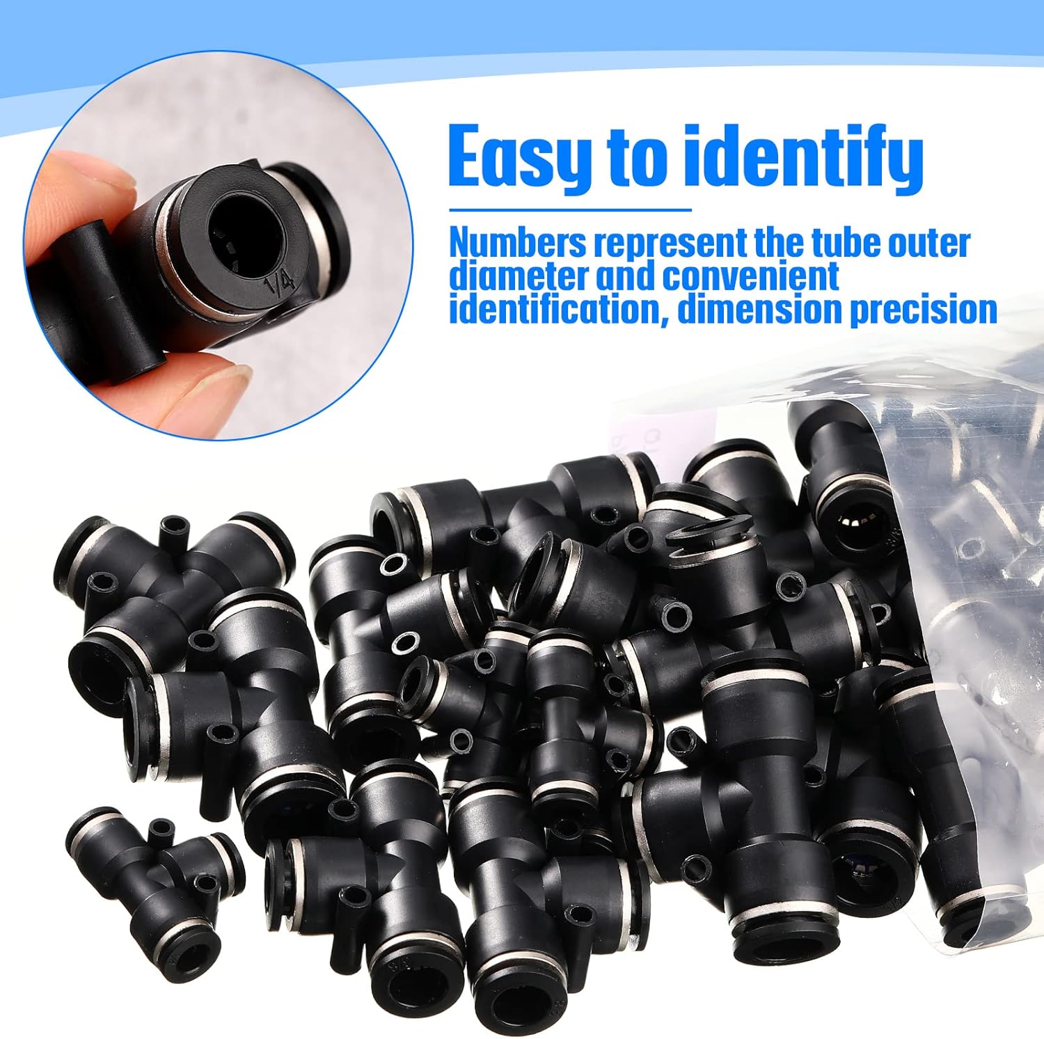 20pcs Push-In Tee Fittings Bulk Plastic Pneumatic Quick Push Fittings 3 Way Tee Tube Connectors Air Pipe Fittings (1/4 Inch)