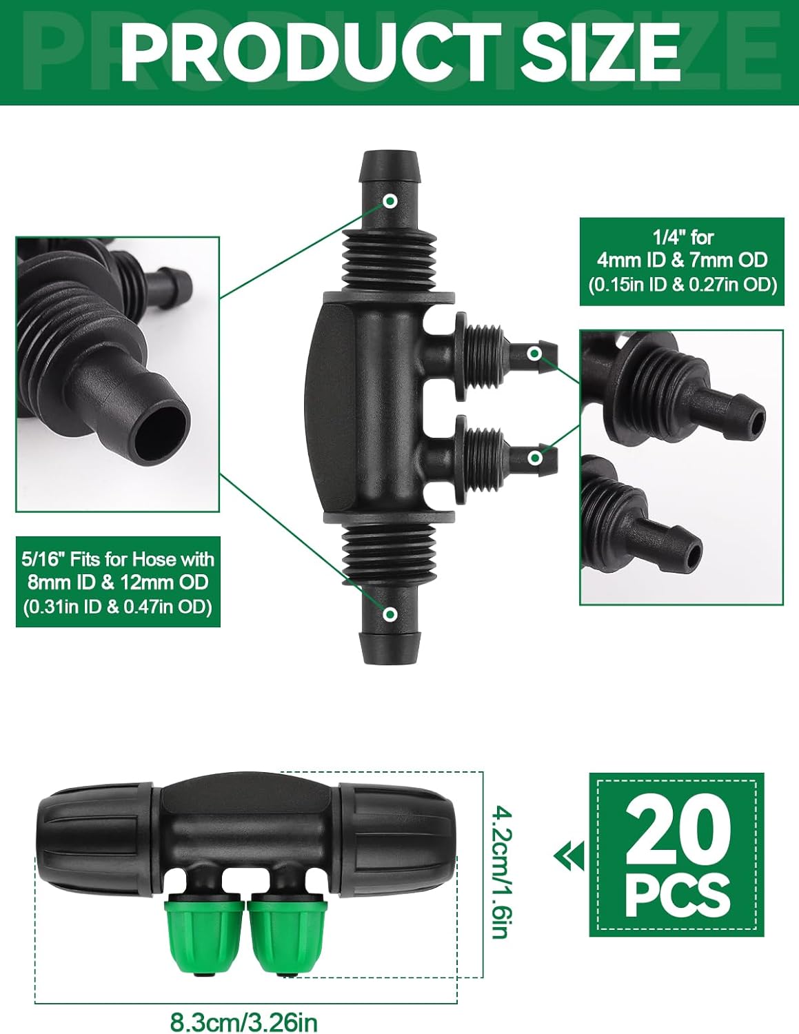 20 Pieces Locking Barb Tee Connectors, 5/16" to 1/4" Drip Irrigation Fittings Kit 8/12mm to 4/7mm Tube Lock Female Connectors 4 Way Barb Lock Irrigation Parts for Watering System (Black Green)
