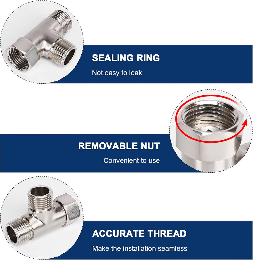 Solid Brass G1/2 Inch 3-Way Diverter Valve - Hose Fitting Tee, T-Adapter Connector for Angle Valve Hose, Tub Shower Arm and Toilet Bidet Sprayer Faucet