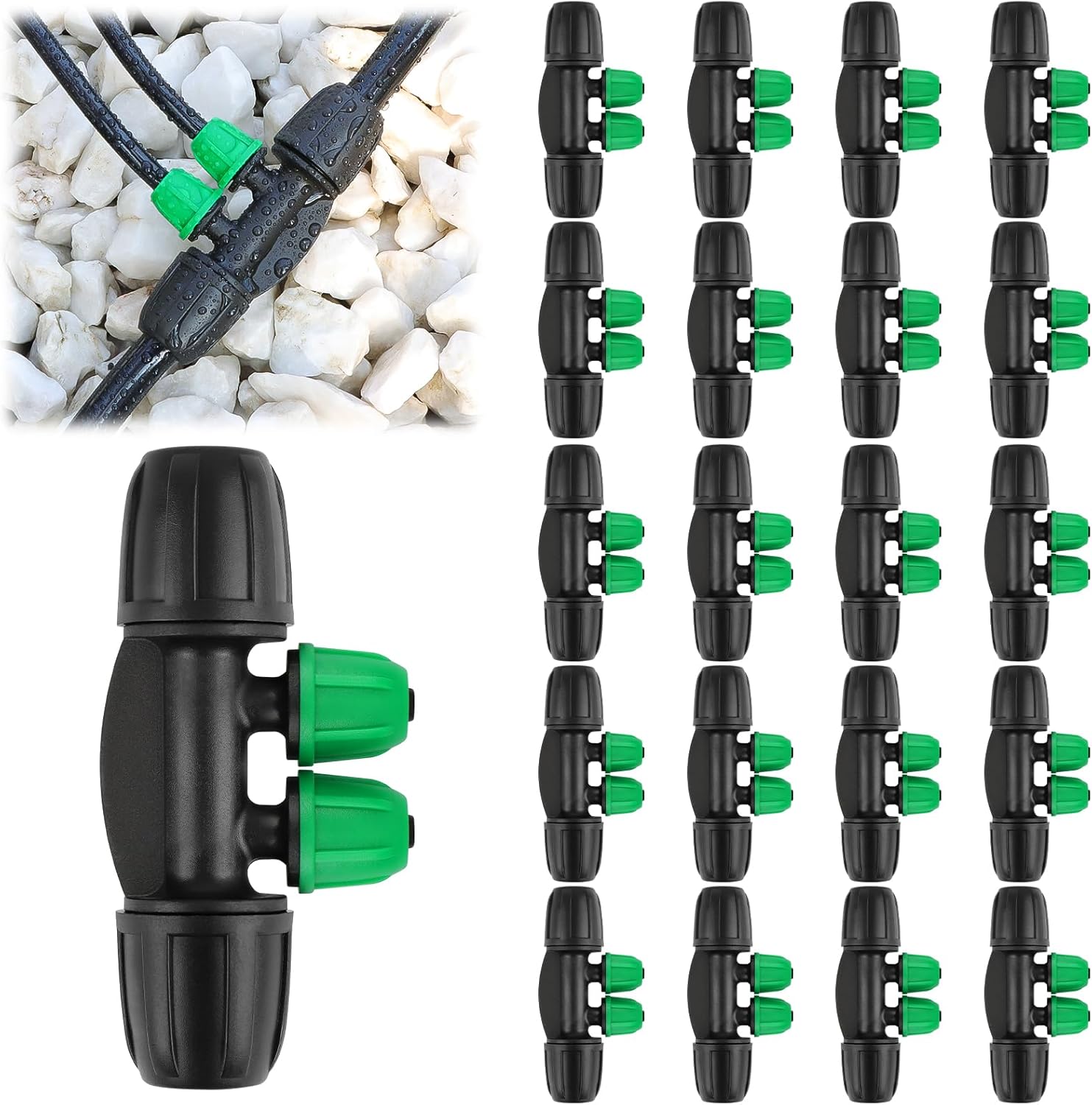 20 Pieces Locking Barb Tee Connectors, 5/16" to 1/4" Drip Irrigation Fittings Kit 8/12mm to 4/7mm Tube Lock Female Connectors 4 Way Barb Lock Irrigation Parts for Watering System (Black Green)