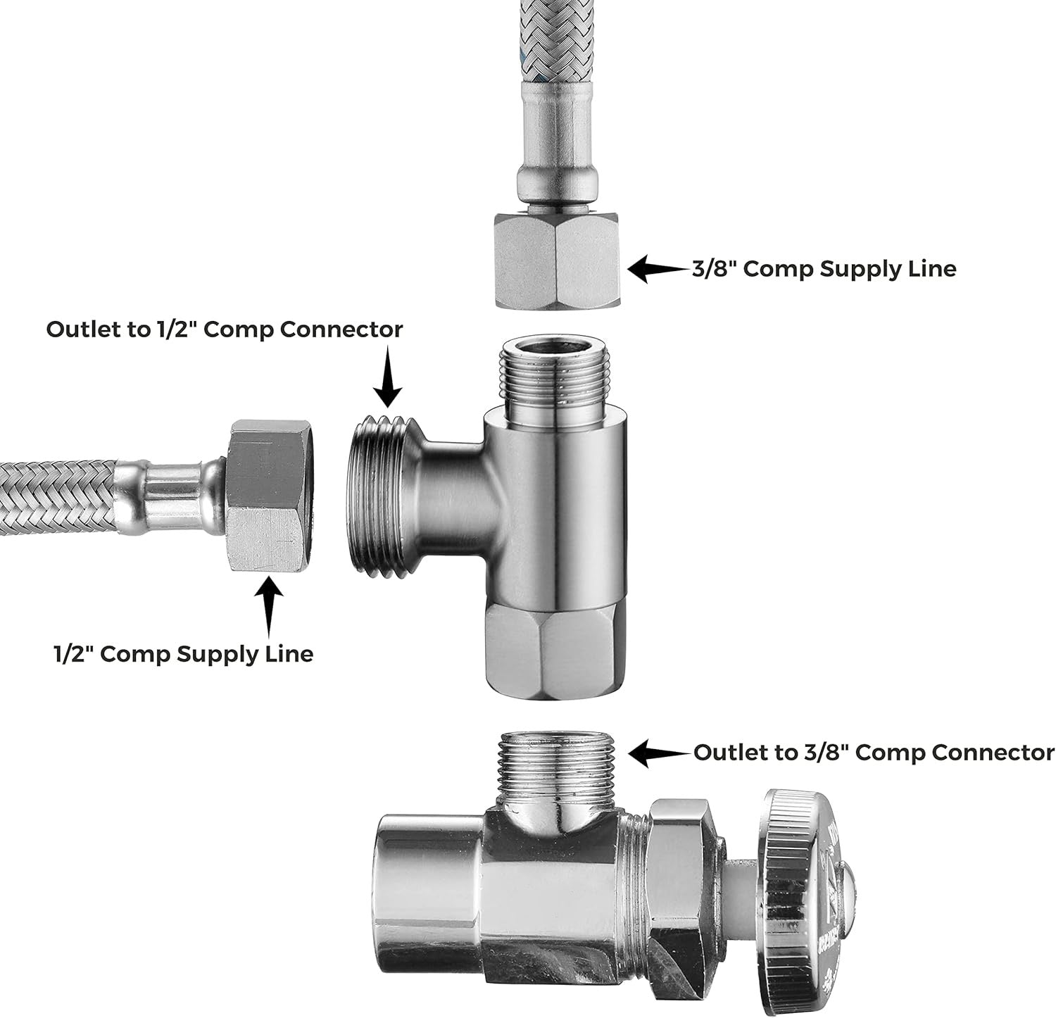 3/8 x 1/2 adapter T-connector, adapter 3-way compression tee, stainless steel split water supply tee fitting for bidet hose, angle stop valve tee connector