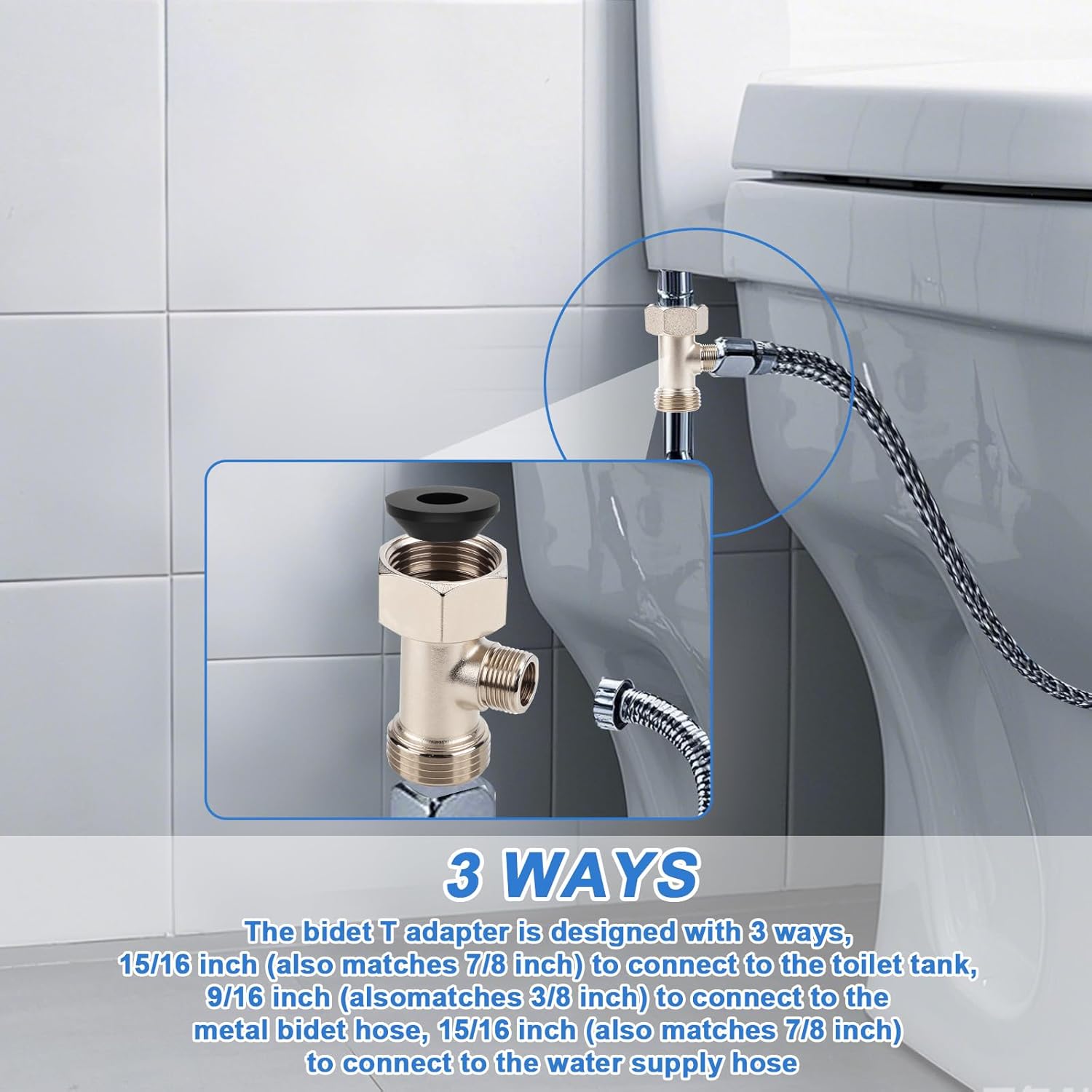 Bidet T-Adapter, 7/8" x 7/8" x 3/8" Tee Adapter or Tee Connector, Toilet Faucet Diverter Shower Head Valve, Bidet Accessories for RV and Home Toilet Diverter Hose Connector
