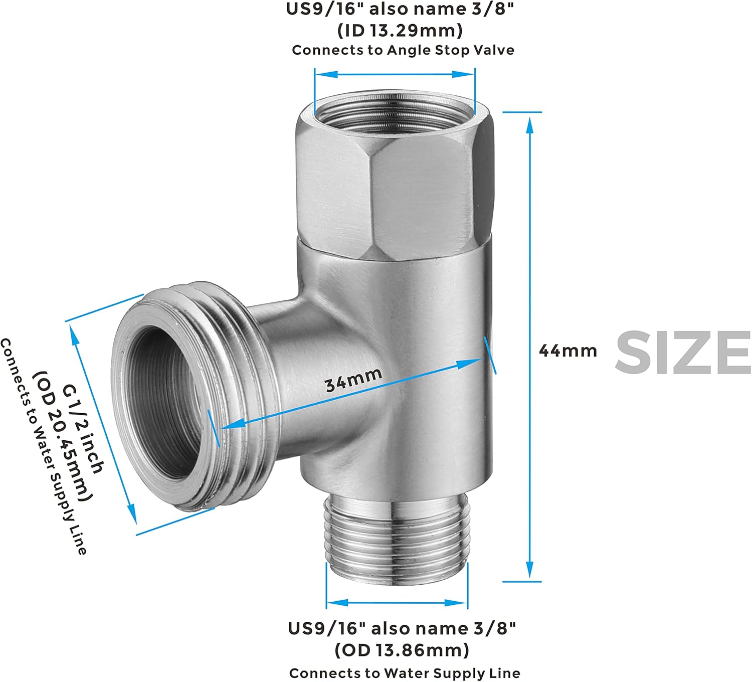 3/8 x 1/2 adapter T-connector, adapter 3-way compression tee, stainless steel split water supply tee fitting for bidet hose, angle stop valve tee connector